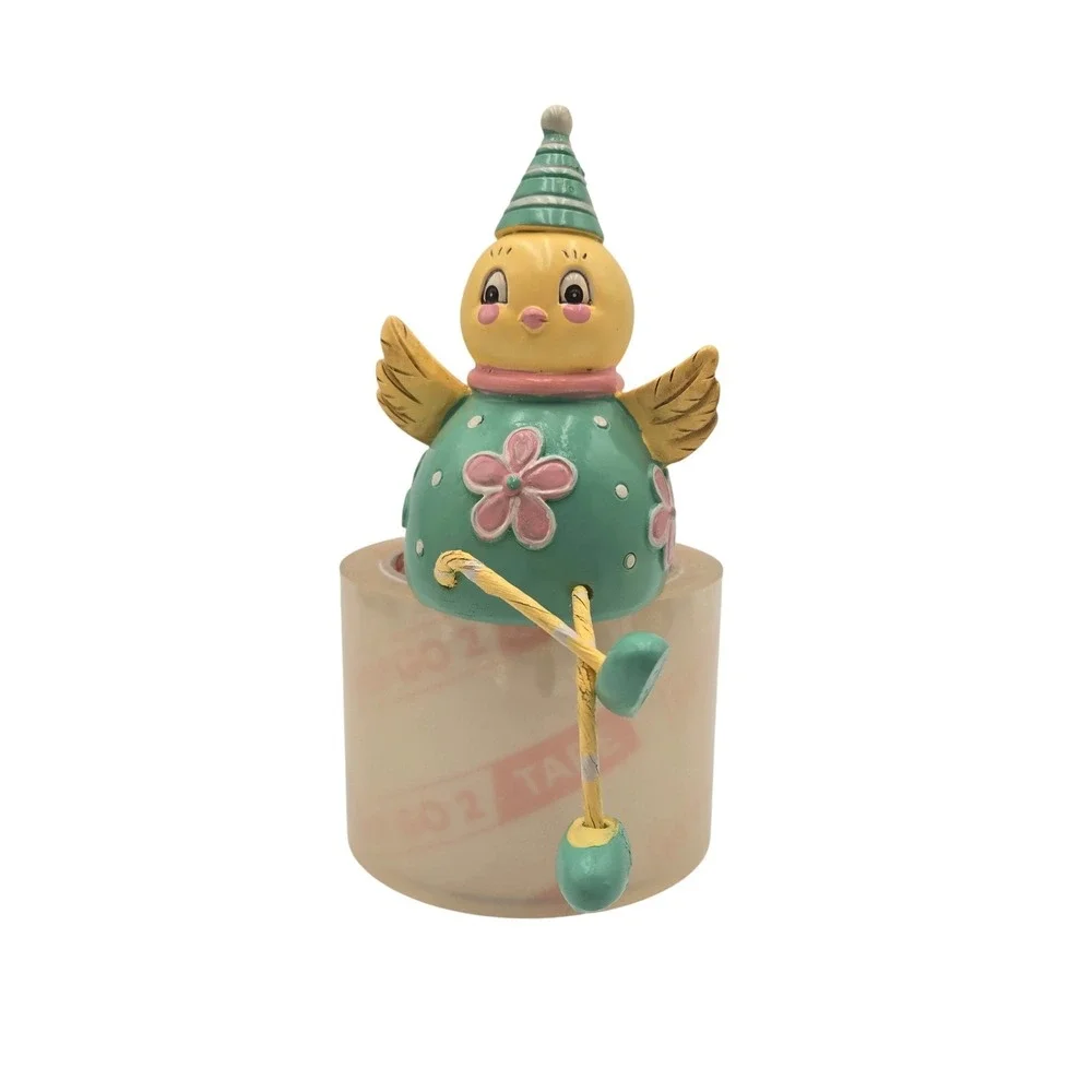 Easter Chick Shelf Sitter Figurine Teal Pink Flower Party Hat Spring Decor